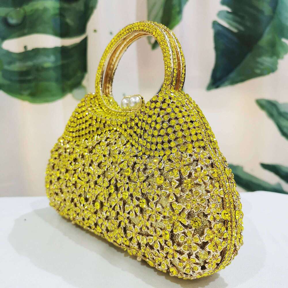 Designer Yellow Rhinestone Dia Evening Clutch Bag Gold Metal Handbags Crystal Long Chain Minaudiere Top-Handle Bags