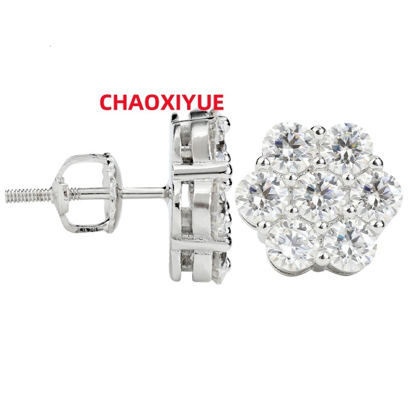 Cluster FlowerS 925 VVS Moissanite Earrings Mens Hip Hop 925 Sterling Silver Moissanite Stud Earrings With Certificate