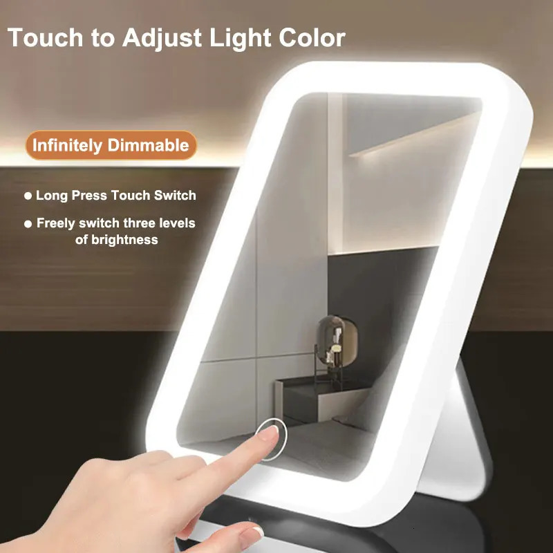3 Colors LED Vanity Mirror with Touch Screen USB Rechargeable Dimming Makeup Mirror 3 Brightness Portable 250530