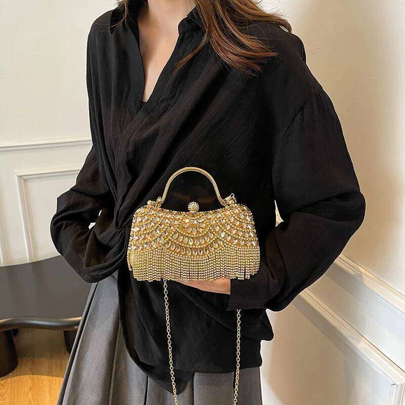 MOODS Rhinestone Tassel Evening Banquet Bag Glitter Ladies Clutch Purse With Chain Wedding Dinner Party Designer Handbags