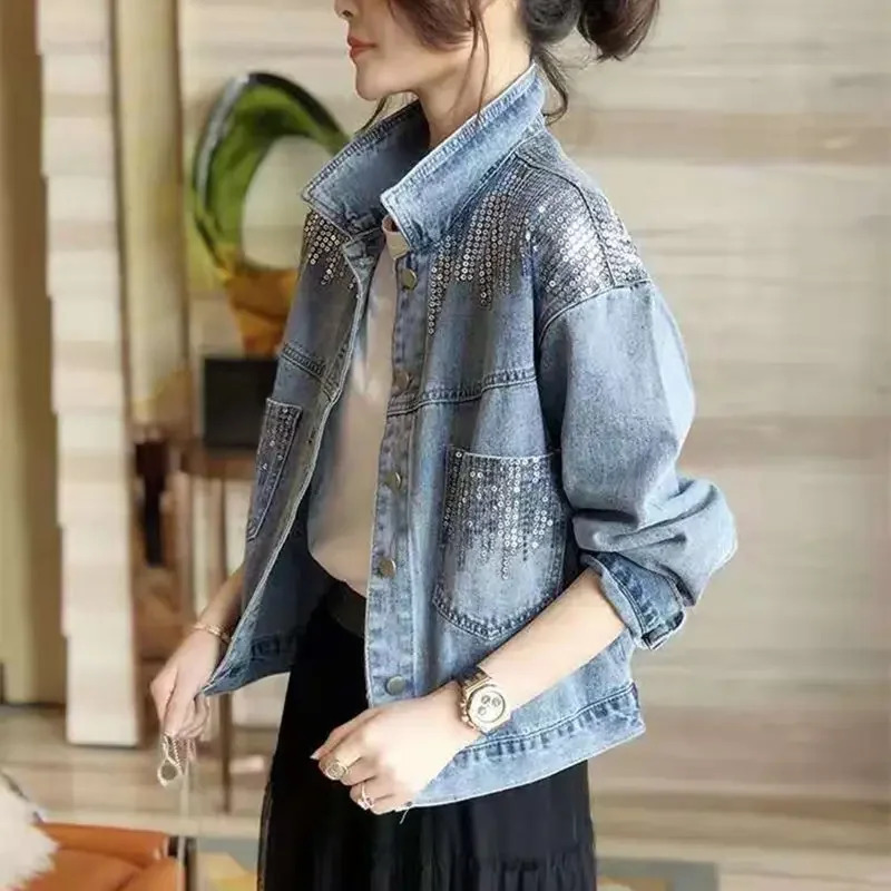 Denim Coat Female Ins Short Early Autumn Coat Sequins Loose Korean Version of Joker Autumn Style 250527