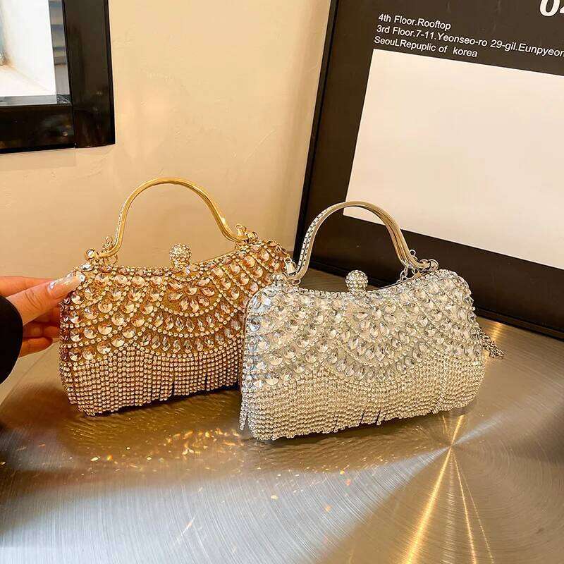 MOODS Rhinestone Tassel Evening Banquet Bag Glitter Ladies Clutch Purse With Chain Wedding Dinner Party Designer Handbags