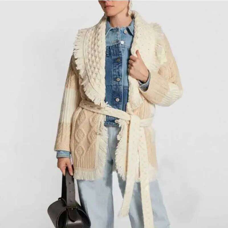 Boho Inspired Autumn Winter Jacket Women Lapel Tassel Jacquard Sleeve Cardigan Bohemian Retro Long Cardigan Tops