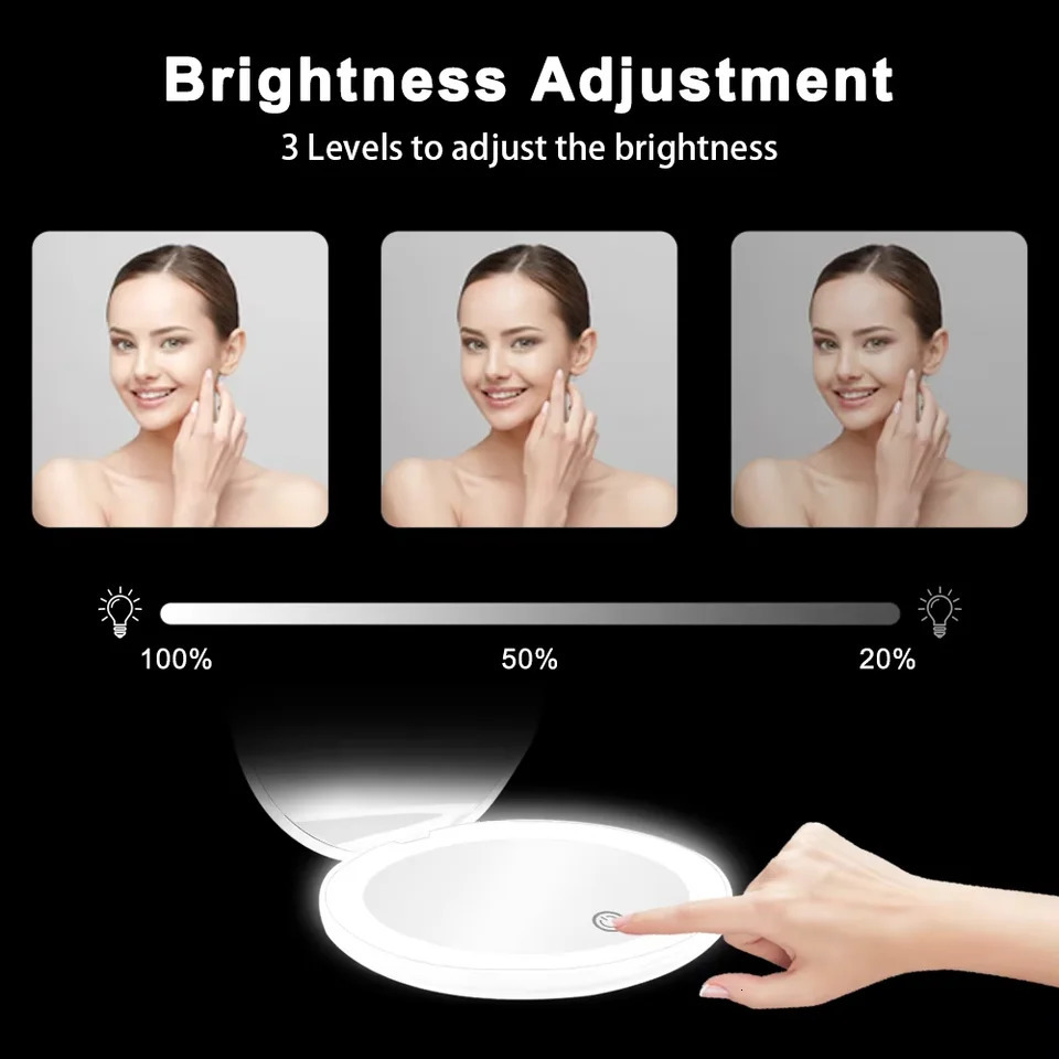 1X10X Magnification LED Pocket Compact Cosmetic Mirror Rechargeable Slim Travel Makeup Mirror with Lights Portable Double Sided 250530