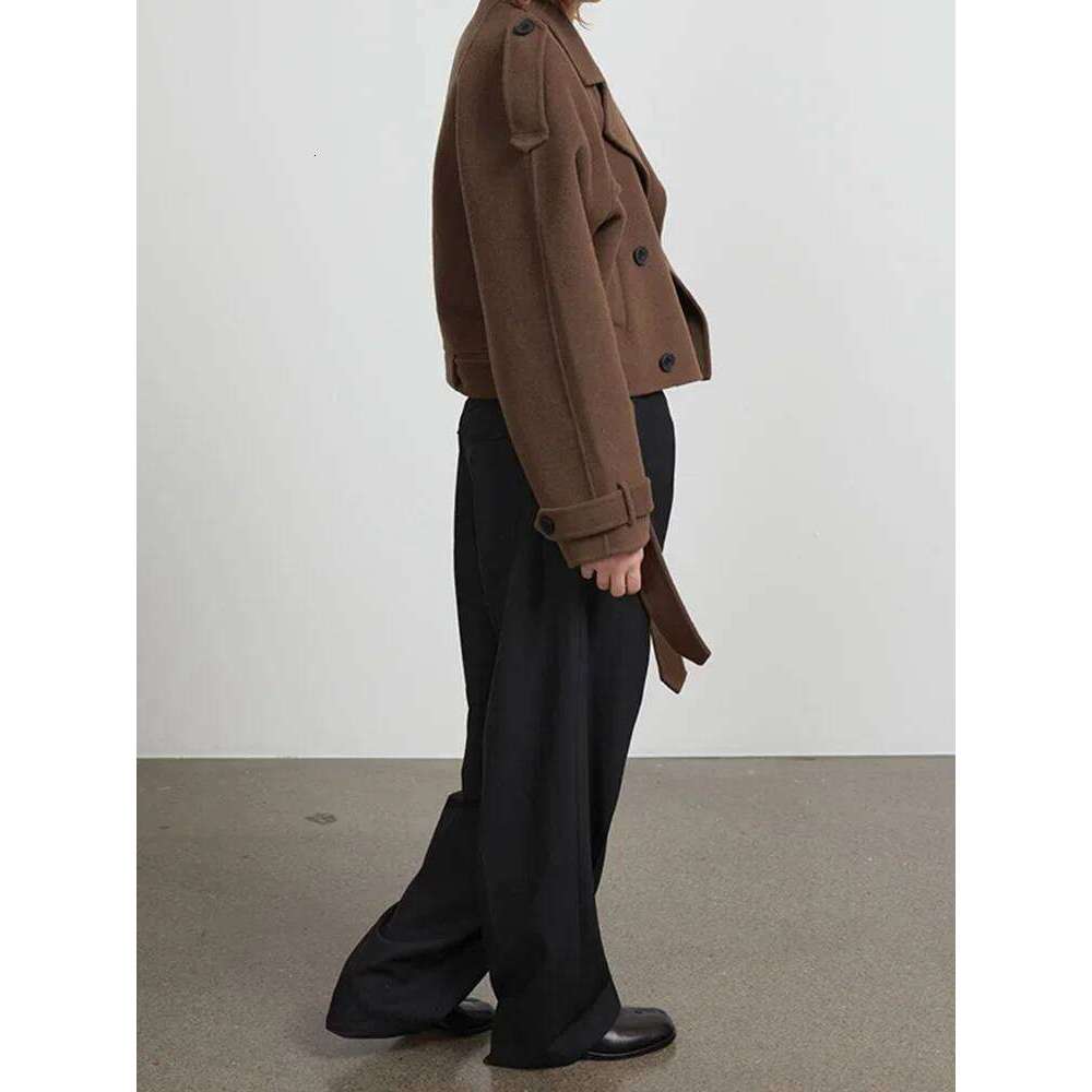 Autumn Brown Retro Turn-down Collar Casual Jacket New Fashion Slim Fit Woolen Coat High Street Lady Outerwear