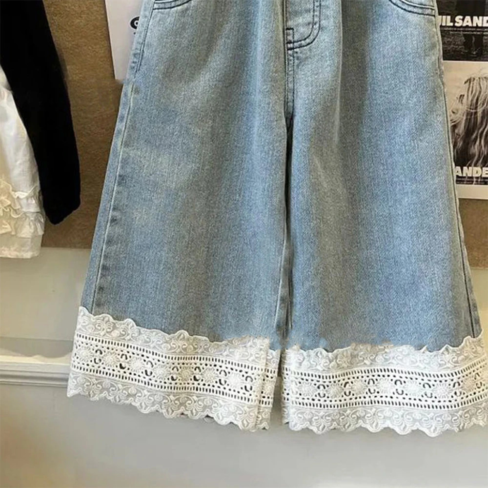 Bear Leader Girls Straight Lace Jeans Summer Childrens Versatile Wide Leg Pants Sweet Casual Pants Fashion Girl Jeans Clothes 250527