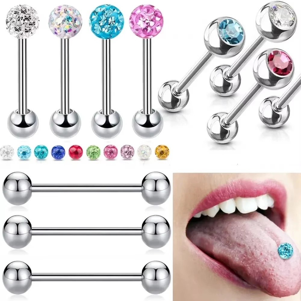 6X 14g Mixed Type Crystal 16/19/22mm Tongue Bar Barbell Steel 6mm Ball Nipple Ring Body Piercing Jewellery Set 250526