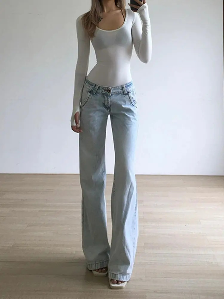 Light Blue Low Waist Jeans Woman Streetwear American Vintage Denim Pants Female Casual Washed Straight Pantalons Mujer 250527