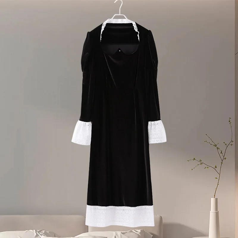 Casual Dresses Spring Vintage Square Collar Puff Sleeve Women Dress Patchwork Slim Pleated Lady Maxi Dresses 2025 Elegant Spring Vintage Female Vestid