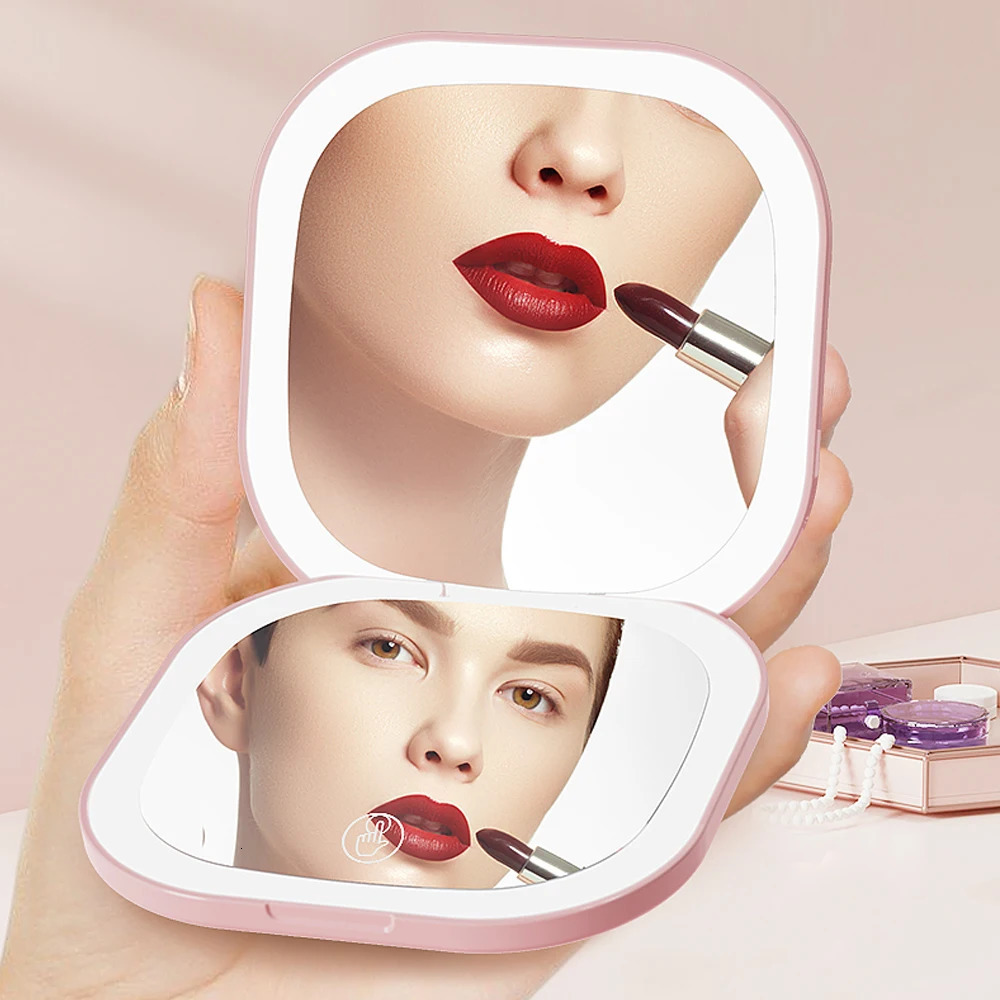 Double Sides Touch Travel Led 3 Colors Mini Foldable Cosmetic Charge Makeup Mirror With Light 3X Magnifying Compact Handheld 250530