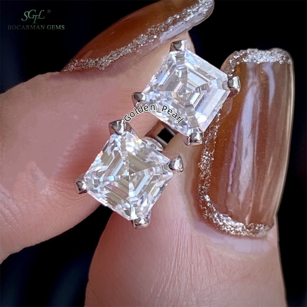 Asscher Cut Moissanite Stud Earrings 1ct 2ct 4-Prong 925 Silver Platinum Plated | Womens Classic Earrings Gift Fast Shipping