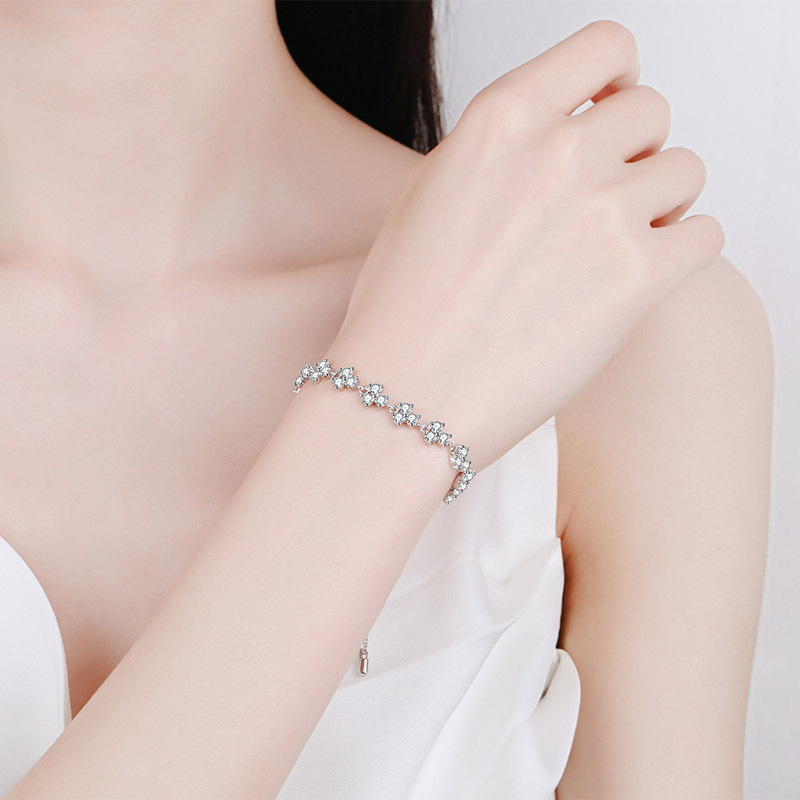 925 Sterling Silver Lucky Clover Moissanite Adjustable Bracelet with PT950 Platinum Plating for Women - Wholesale Jewelry