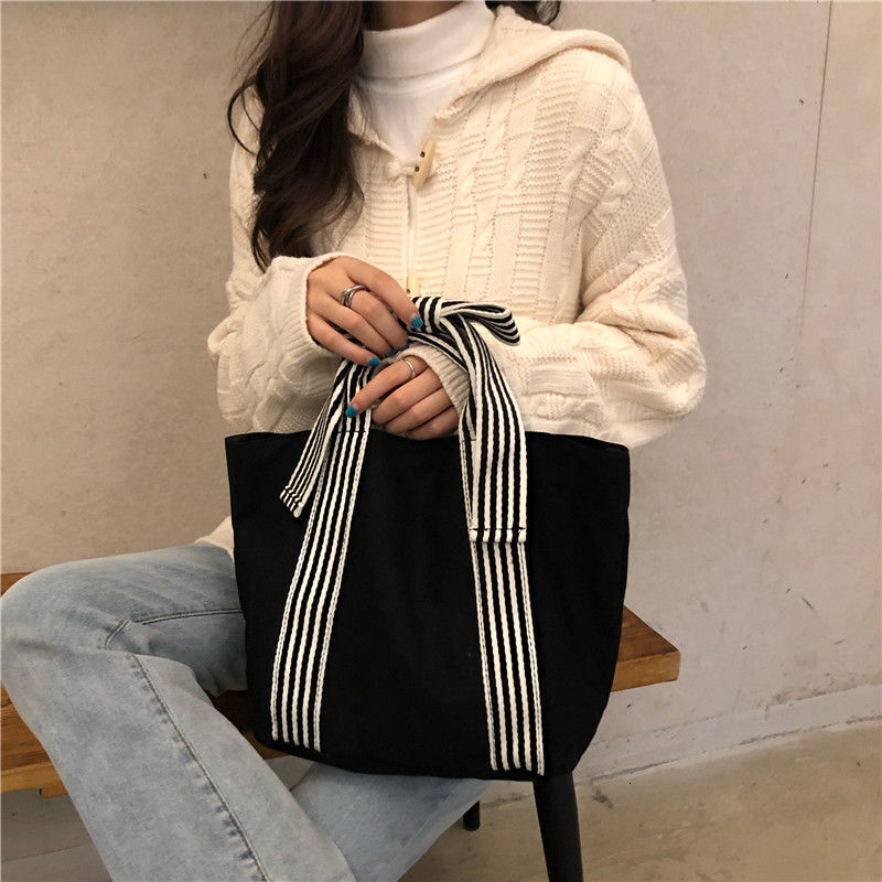 designer New Fashion Versatile Trendy Striped Bow Canvas Bag Retro Canvas Korean Style Women's Handbag Dark Style Tote Bag