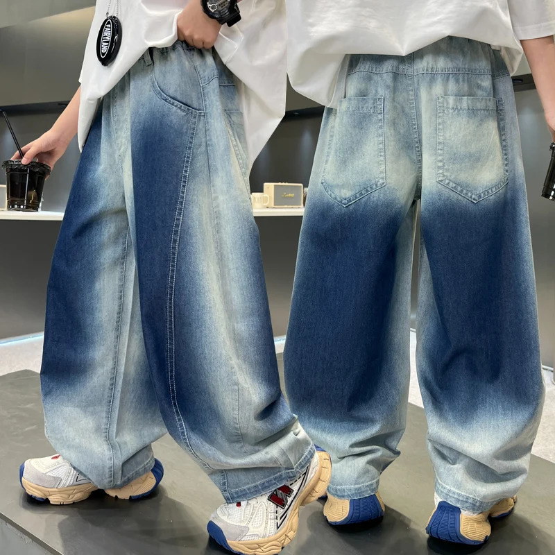 Children Stylish Summer Jeans for Tweens Boy Fashion Loose Fit Denim Pants Kids Teenager Gradient Blue Baggy Jeans Trousers 250527