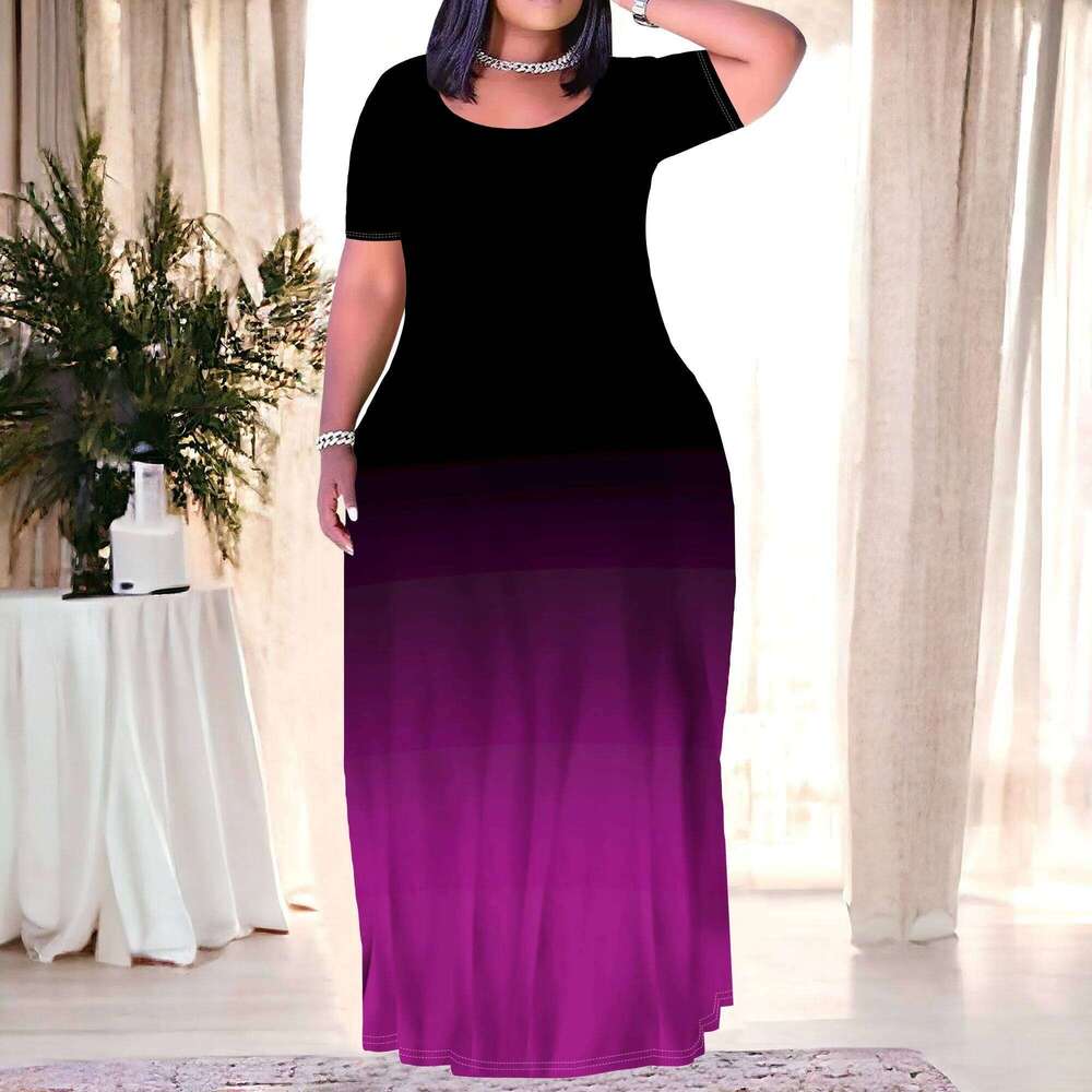 Women's Plus Size Gradient Color Maxi Dresses Short Sleeve Sundress Summer T-Shirt Beach Long Dress with Pockets High quality, fashionable, luxur