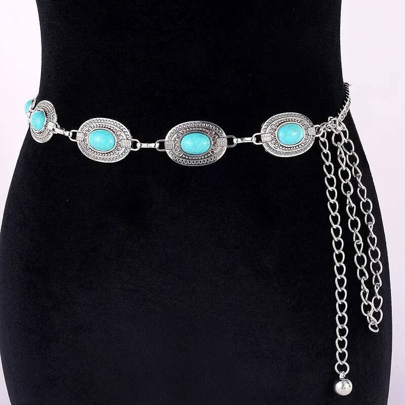 Bohemian Belt High-End Vintage Carved Embedded Ladies Metal Waist Chain Women's Fashion Accessory