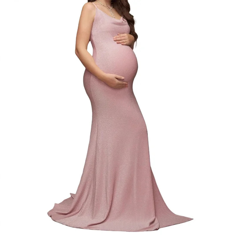 Pink Off-the-shoulder Pregnant Women Evening Dress Sexy Suspender High Slit Hip Wrap Summer Long Dress for Po Shoot 250530