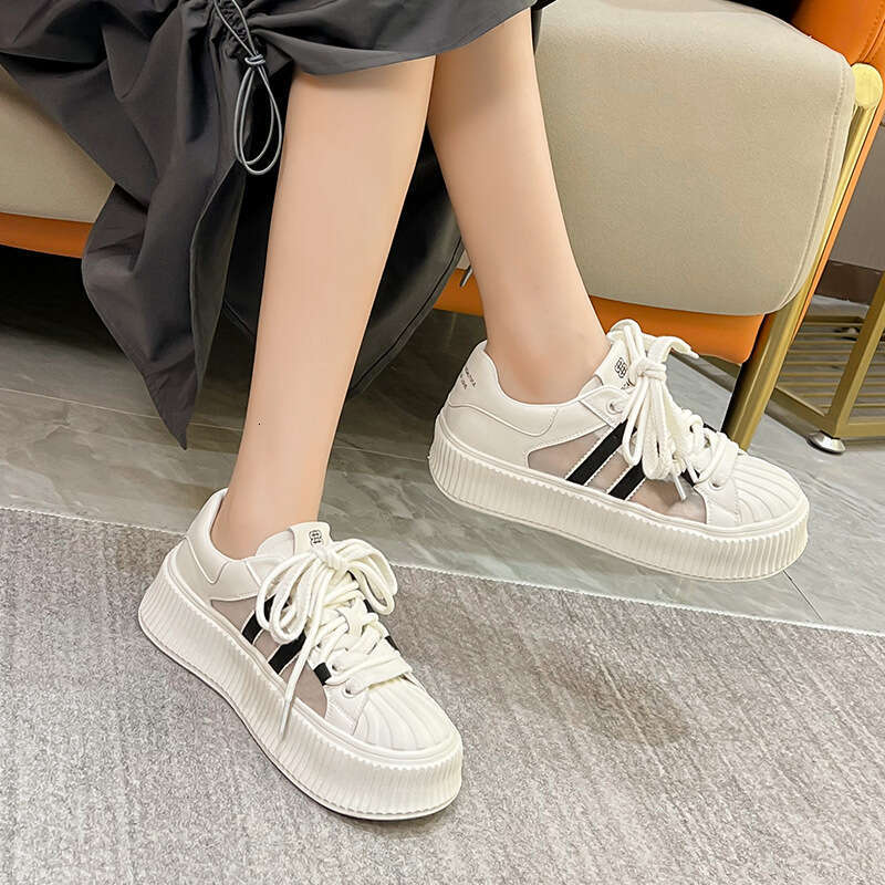 Platform Height Increasing Mesh White Summer Women's Shoes 2024 New Breathable Versatile Genuine Leather Chunky Sneakers