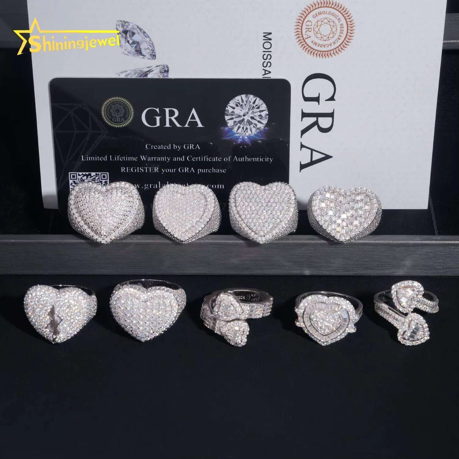 GRA Certificated Iced Out Heart Shape Moissanite Ring Women Men Hip Hop Jewelry Custom Moissanite Engagement Ring Daily Wear