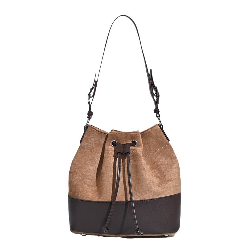designer Korean Style Women's Niche Design Suede and Leather Handbag Bucket Bag Autumn Winter Retro New Fashion Patchwork Shoulder Bag