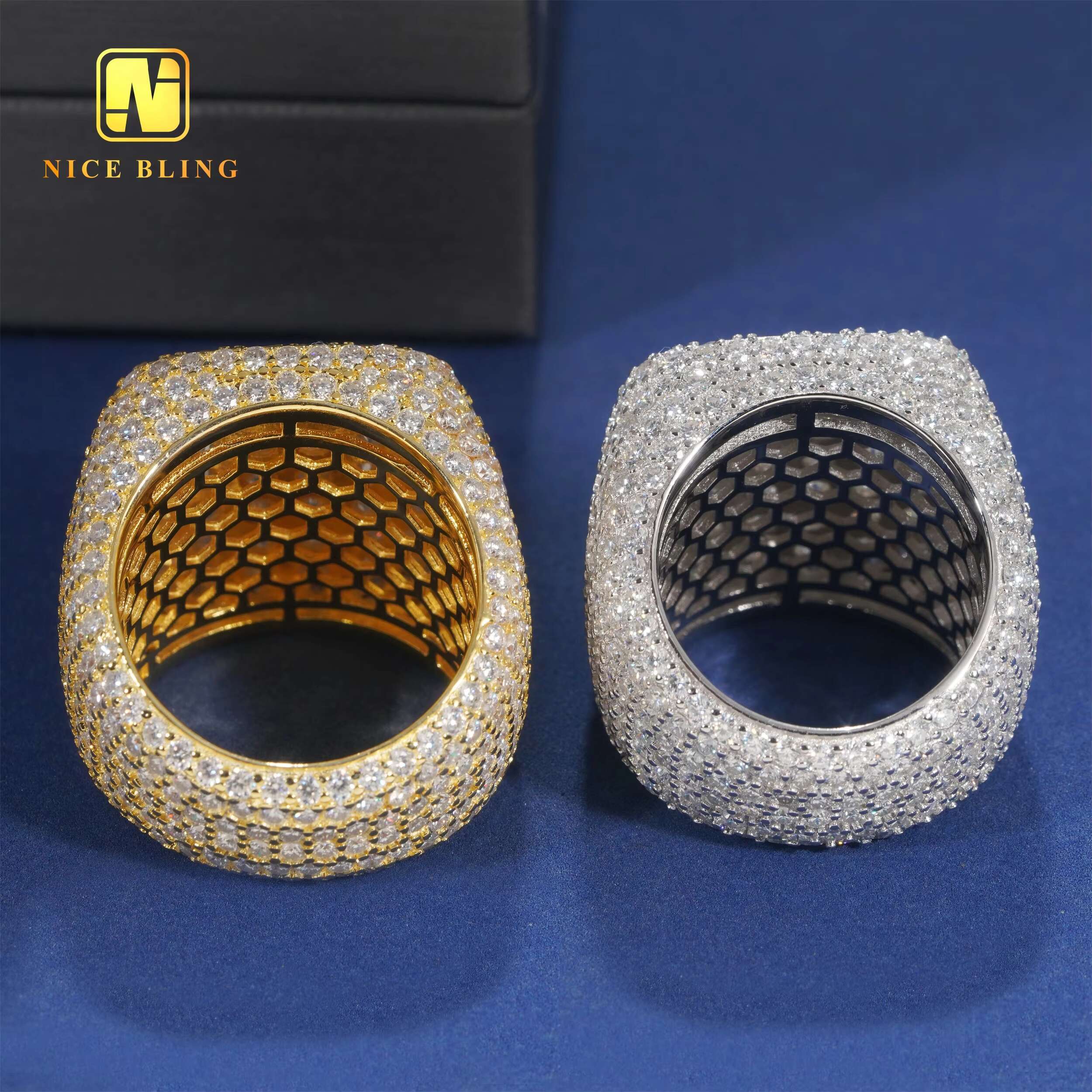 18K Gold Plated Full Iced Out Mens Rings Hip Hop Fashion Jewelry 925 Silver Moissanite square Shape Rings for Engagement