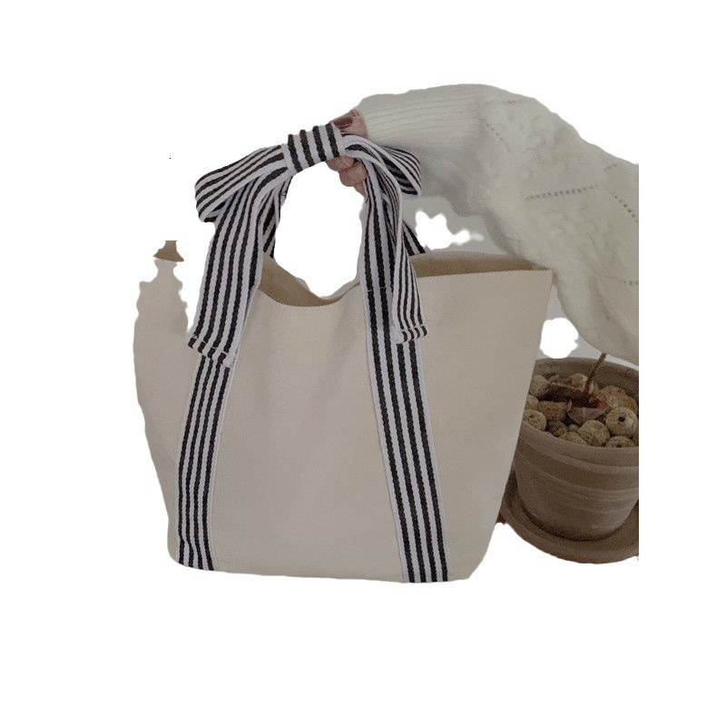 designer New Fashion Versatile Trendy Striped Bow Canvas Bag Retro Canvas Korean Style Women's Handbag Dark Style Tote Bag