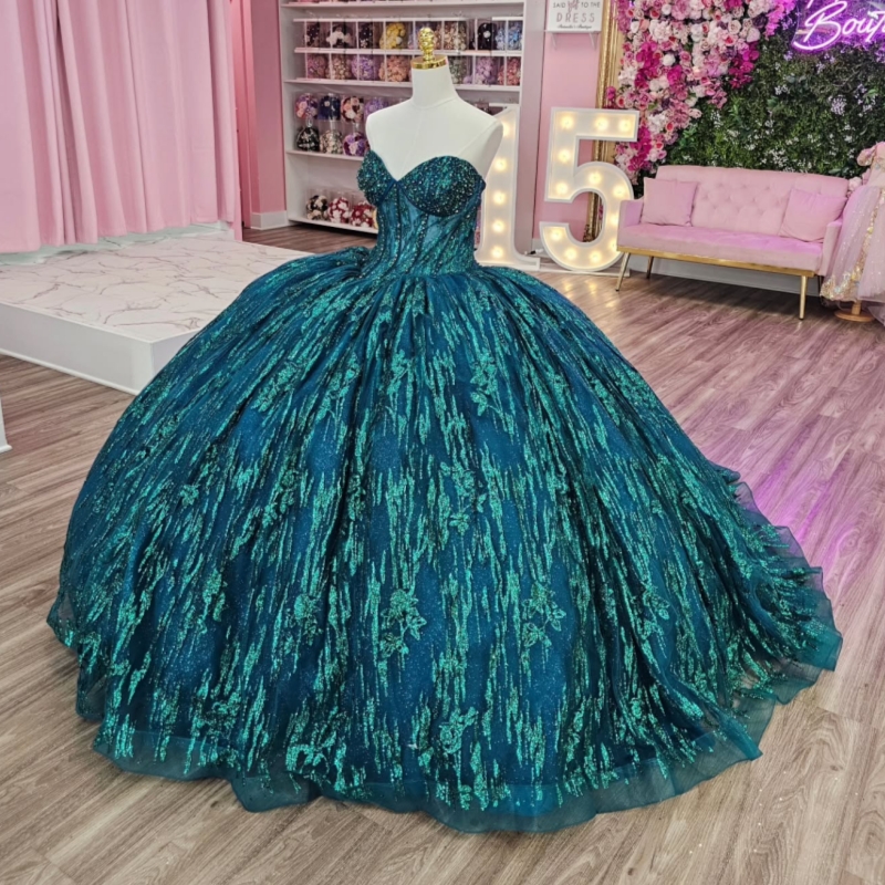 Blackish Green Quinceanera Dresses Ball Gown Off The Shoulder Applique Lace Beading Tull Party Birthday Sweet 16 Dress Vestidos