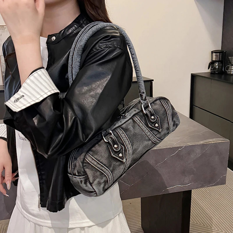 Denim Shoulder Bag Summer Fashion Korean Version Advanced Motorcycle Commuting Versatile Underarm Cylinder Bowling Bag 250530