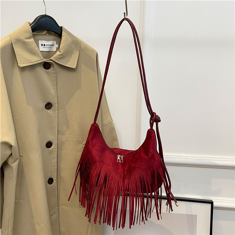 Free shipping designer bag 2024 New Leather Velvet Tassel Women's Trendy, Small and Stylish Texture, Single Shoulder Crossbody Bag