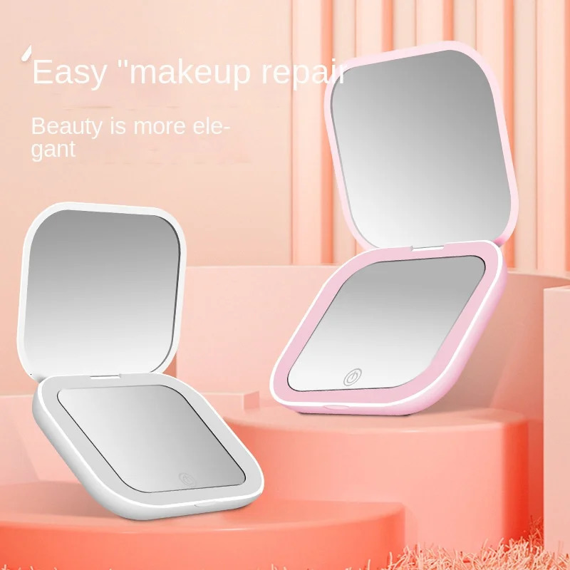 Mini Portable Folding Travel Mirror LED Light Makeup Compact Mirror 2X Magnification 2-sided Beauty Makeup Round Mirror 250530