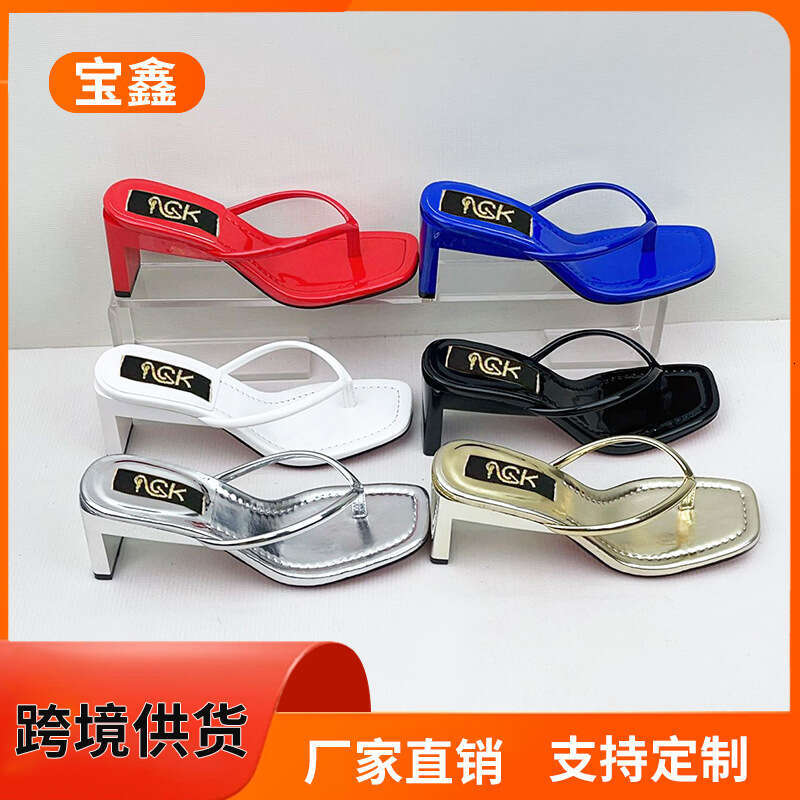 Hot Selling New High Heel Solid Color Fashion Youthful Clip Outdoor One-Strap Square Toe Sandals for Women