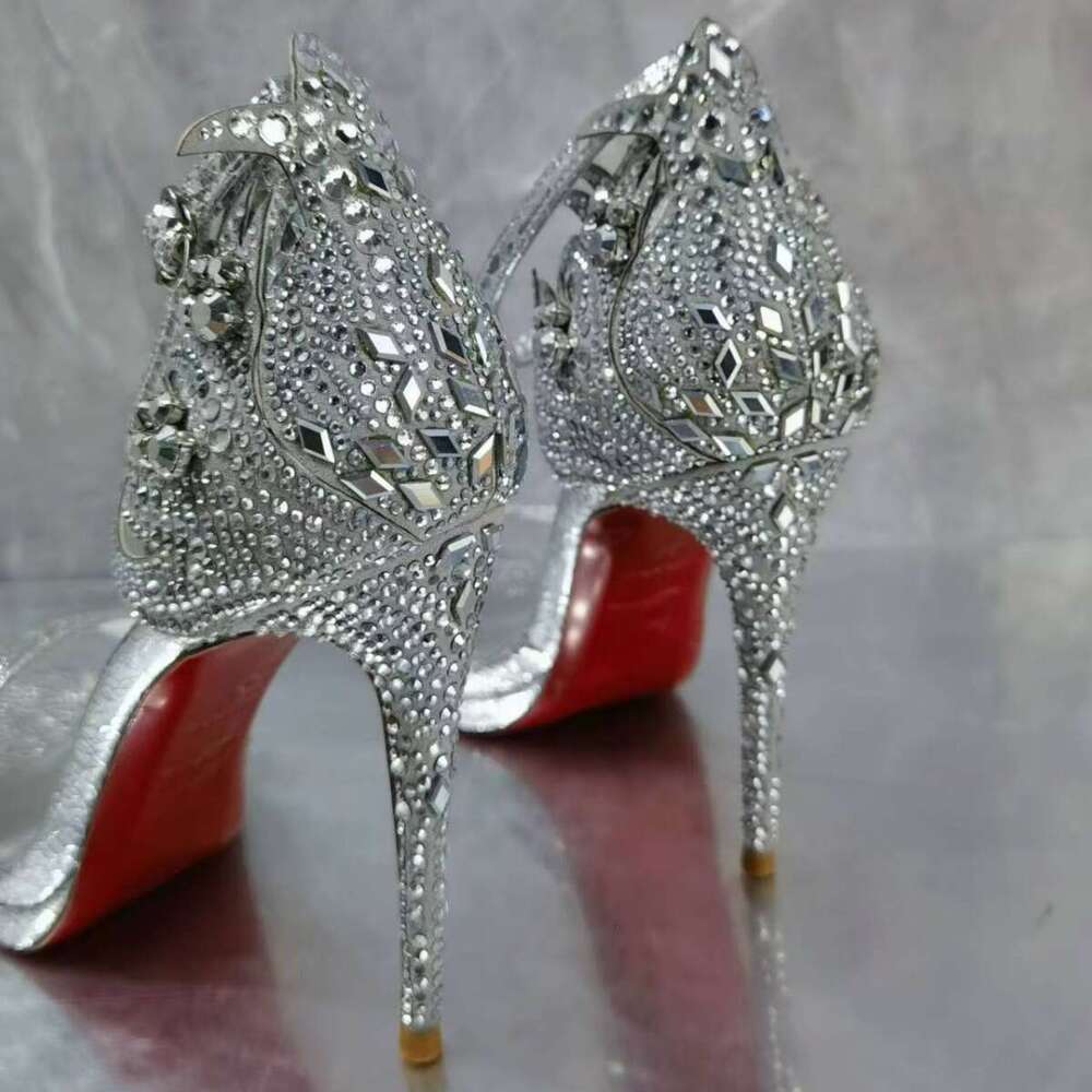 French Style Rhinestone High Heels Women Thin Heel Silver Sexy Open Toe Buckle Crystal Sandals Summer