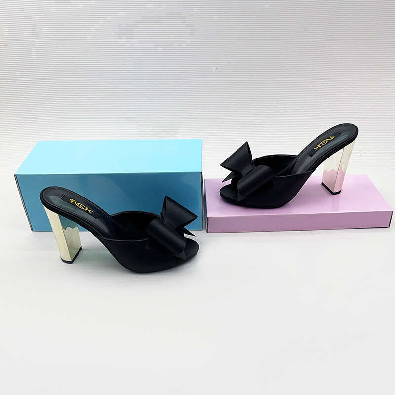 Fashion Shoes 2025 Spring New Open-Toe Bowknot Chunky High Heel Slippers High-End Feel Age-Reducing
