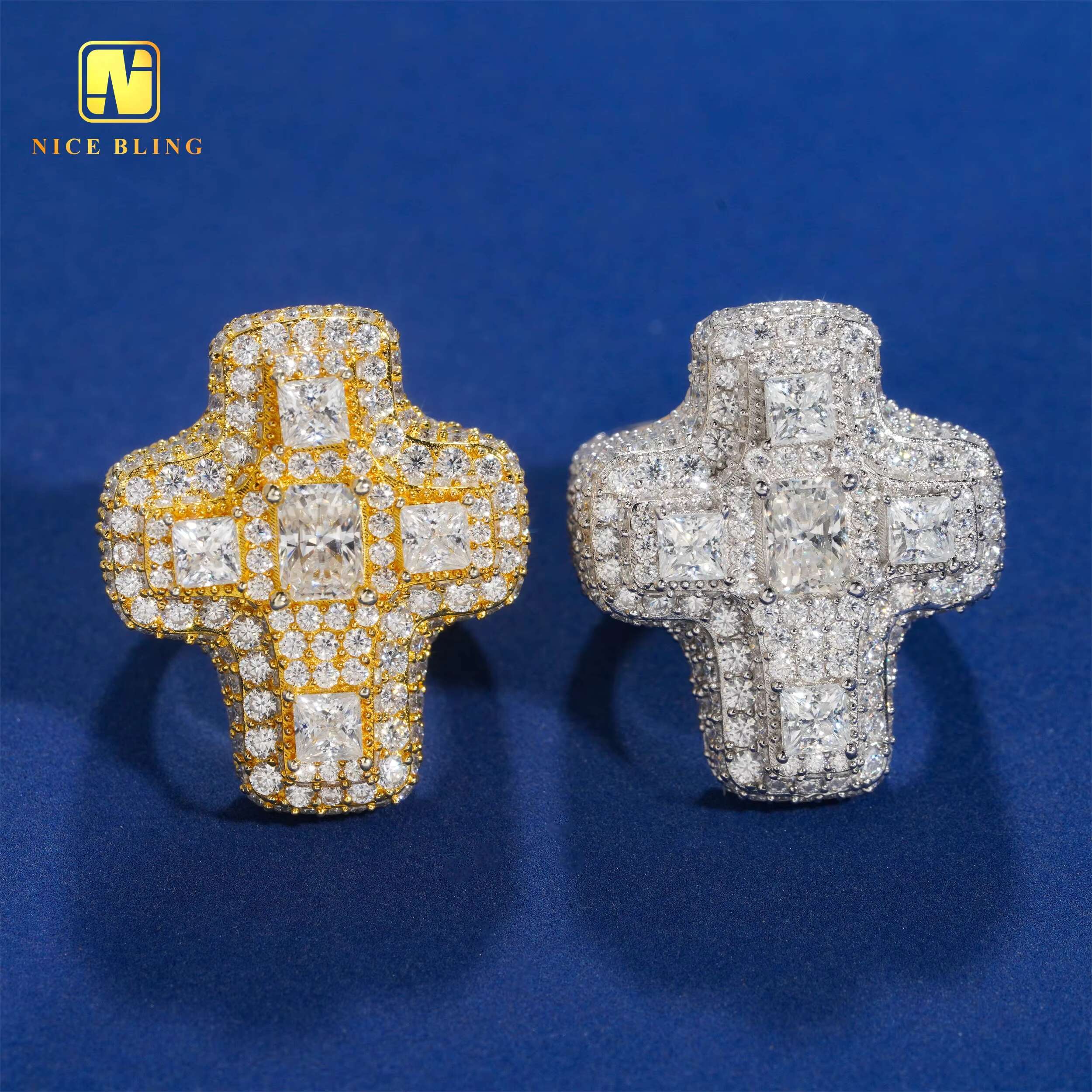 Iced Out Hip Hop Jewelry Fancy Shape Moissanite Cross Rings Men Fashion 925 Silver Moissanite Diamond Cross Rings