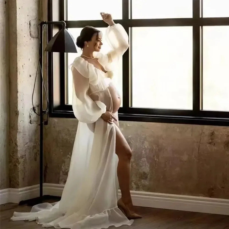 Boho Maternity Po Shoot Chiffon Dress Ruffle Neck Lantern Sleeve With Tie Cord Pregnancy Robe For Baby Shower 250530