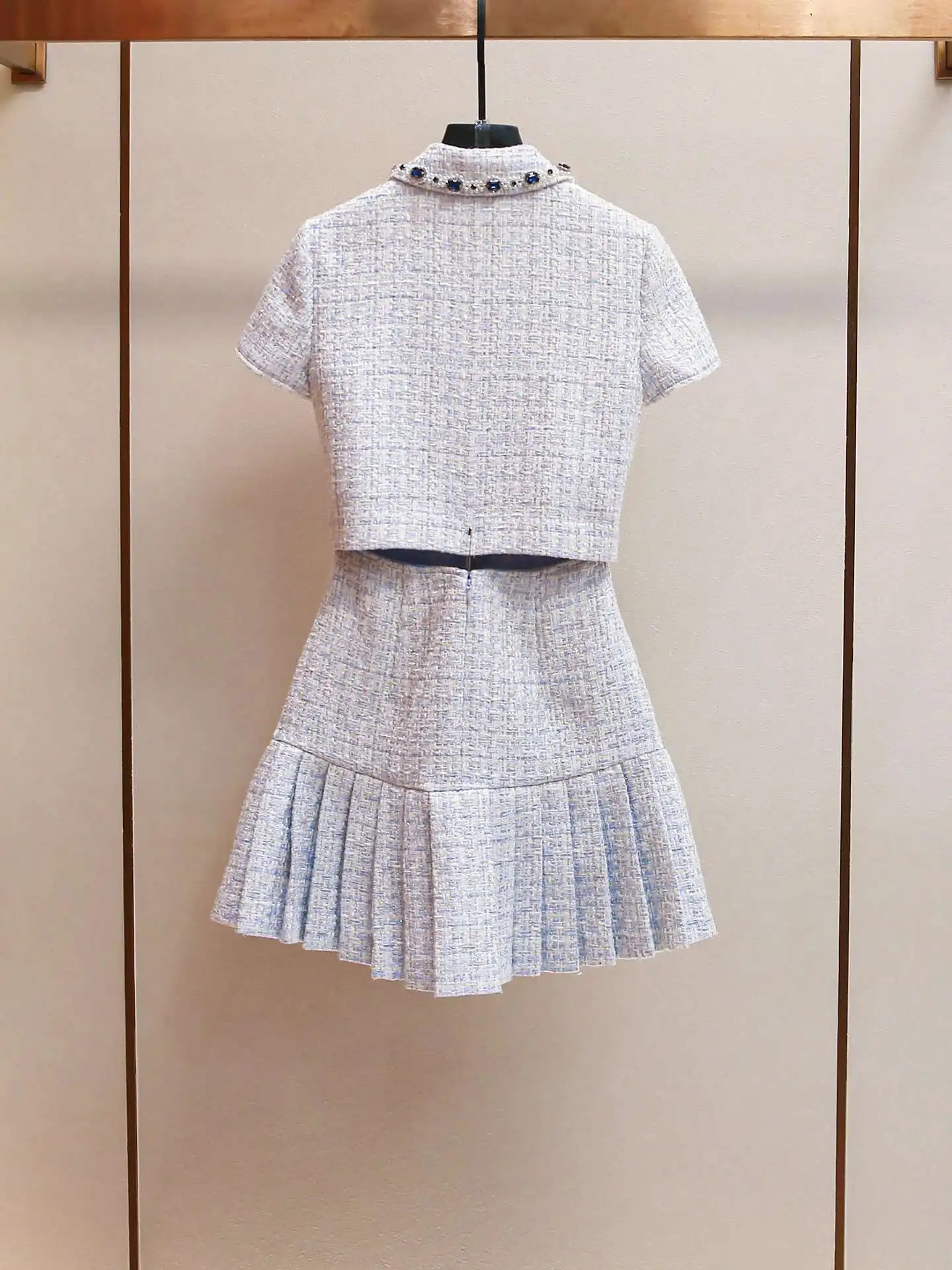 Summer Autumn Crystal Tweed Short Dress Shirt Women Sleeveless Beaded Diamonds Single Breasted Evening Party Dresses Lady 250529