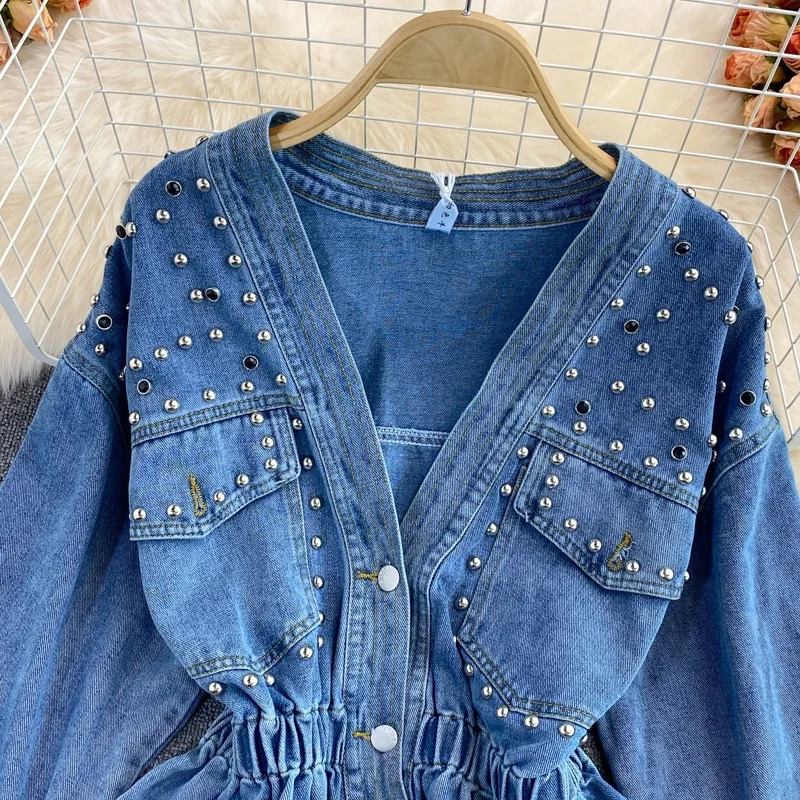 Denim Coat Women Y2k Tops Coats Jeans V Neck Short Top Casual High Waist Single Breasted Elegant Blouse Splice Autumn Spring 250527