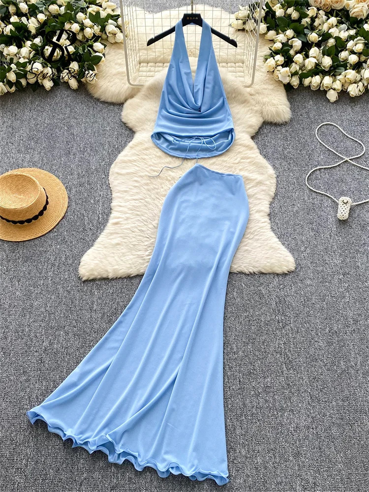SINGREINY Backless Sexy Shiny Party Suits Women Halter Ruched Slim CamisElastic Long Skirt Fashion Solid Beach Two pieces Sets 250526