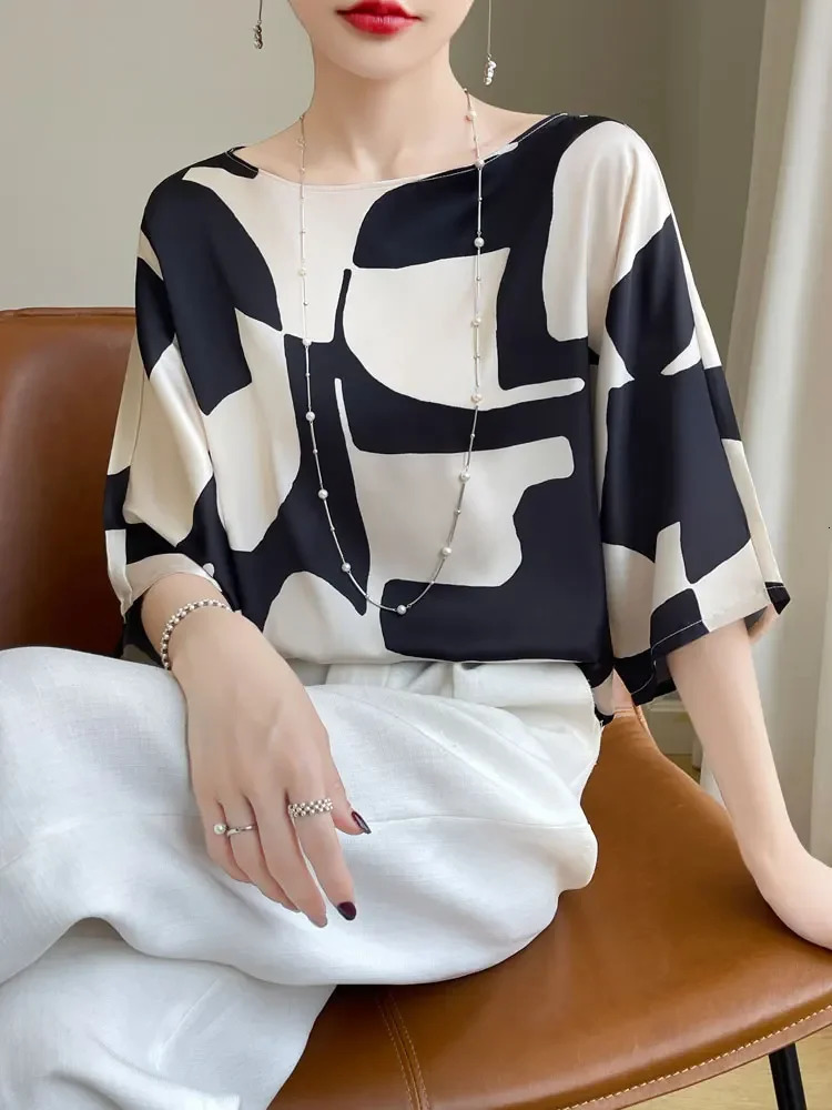 Summer Artificial Silk Satin Blouse Tee Women Slash Neck Thin Smooth T-shirt Silky Drop Shoulder Half Sleeve Loose Shirt Tops 250530