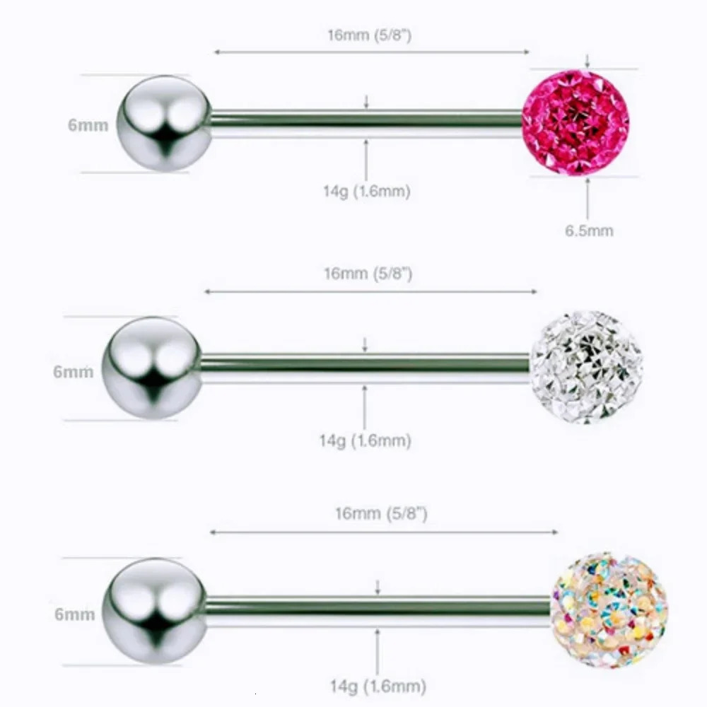 6Pcs Mixed Set 6mm Crystal 14G 1.6mm Steel Tongue Ring 16mm Bar Barbell Nipple Body Piercing Jewelry 250526