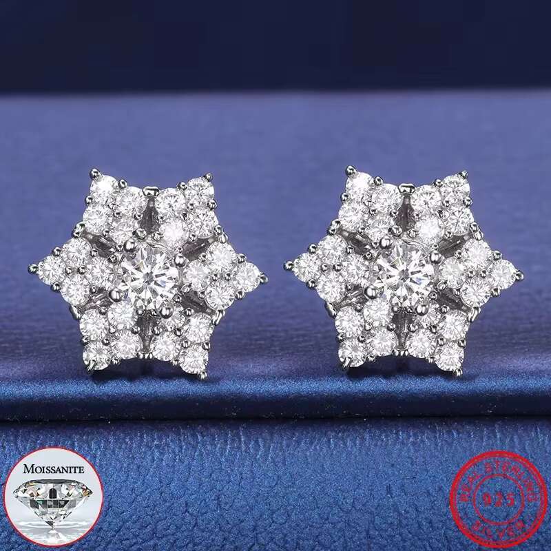 925 Sterling Silver Moissanite Diamond Snowflake Stud Hip Hop Hoop Earrings for Women Men