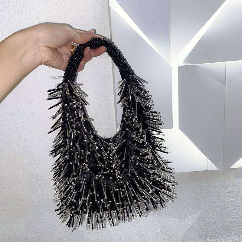 Women Tassel Handmade Bead Dia Hobo Shoulder Shiny Clutch Purse Handbag Fashion Female Underarm Bag