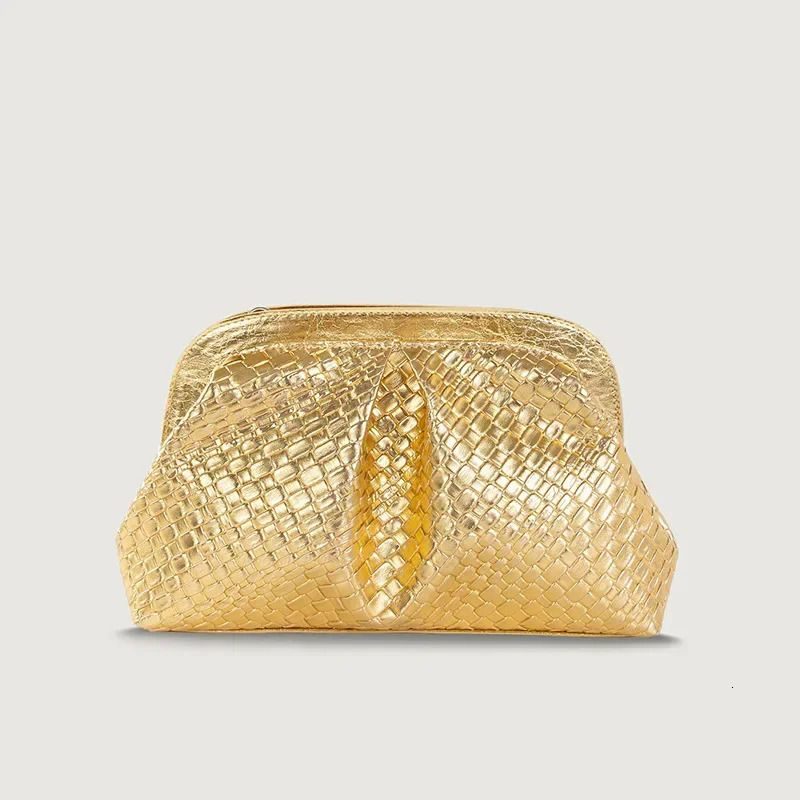 Meet You Autumn Gold Clutch Bag Pleated Plaid Woven Evening Bag Wedding Party Christmas Shoulder Bag Female 250528