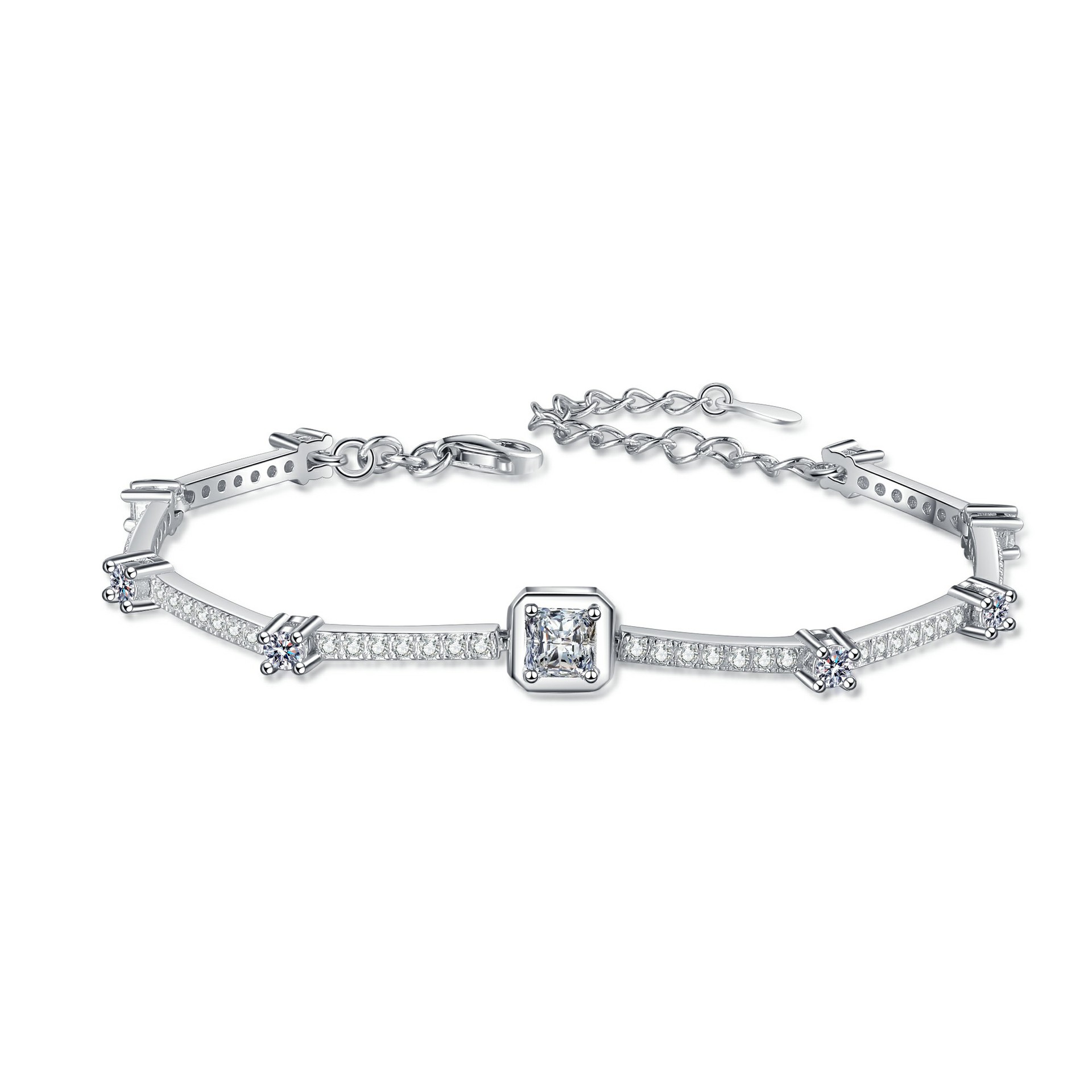 925 Sterling Silver Moissanite Square Bracelet for Women, Vintage Minimalist Design, Adjustable Chain, Perfect Elegant Gift for Girlfriend
