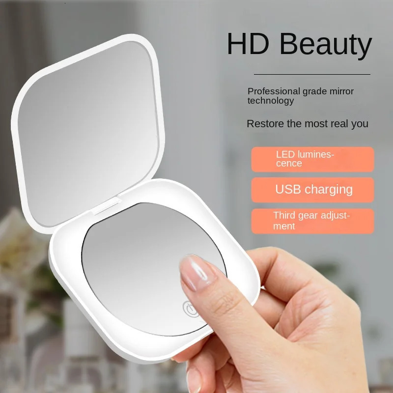 Mini Portable Folding Travel Mirror LED Light Makeup Compact Mirror 2X Magnification 2-sided Beauty Makeup Round Mirror 250530