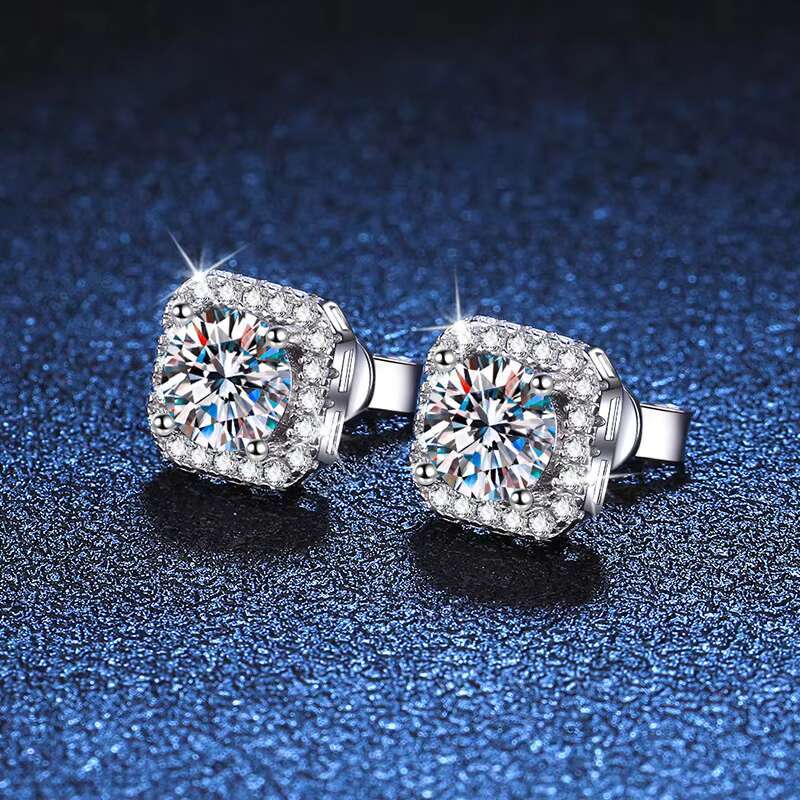 Wholesale square Shape Iced Out Grade D Moissanite Earrings 925 Sterling Silver 0.5ct 1ct Moissanite Stud Earrings for Women