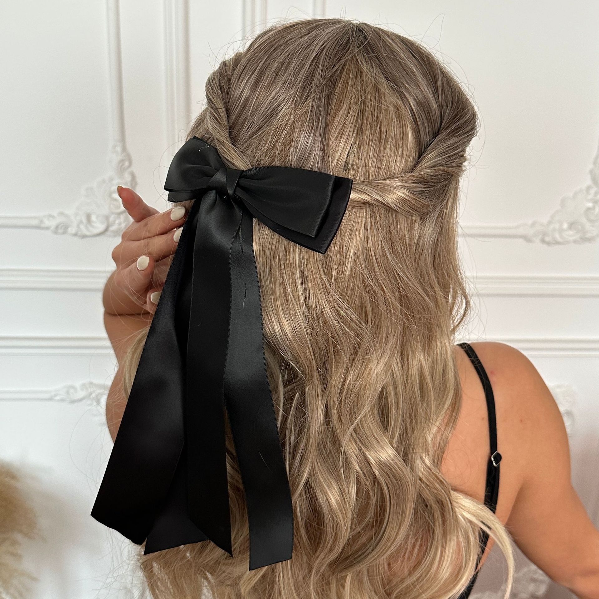 European American Best Selling Large Double Layered Satin Bow Hair Clip Solid Color Long Ribbon Back of Head Barrette