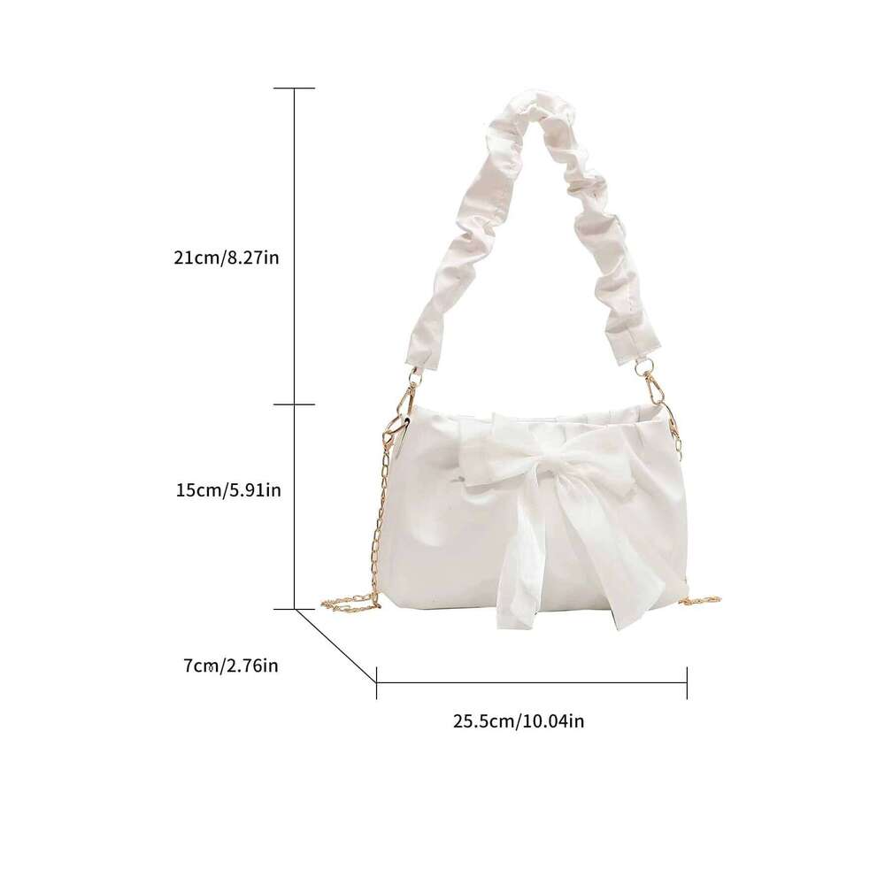 Cute Kawaii Moire Ruched Lightweight Business Casual Bow Decor Handbag For Girls Women Fashionable Shoulder Bag