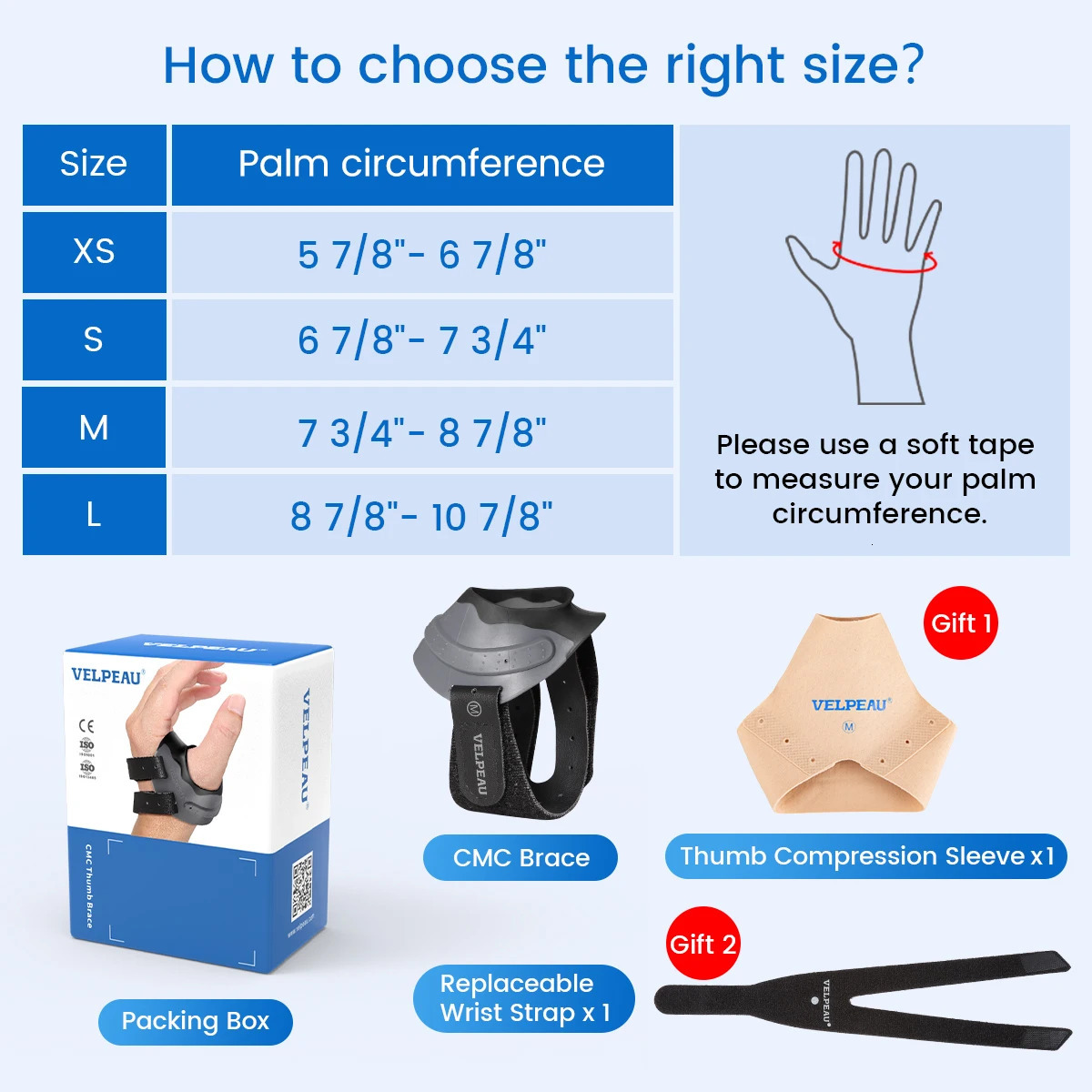 VELPEAU Thumb Splint CMC Joint Orthosis for Arthritis Osteoarthritis and Pain Relief Brace Durable Skinfriendly 250530