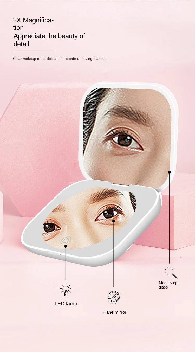 Mini Portable Folding Travel Mirror LED Light Makeup Compact Mirror 2X Magnification 2-sided Beauty Makeup Round Mirror 250530